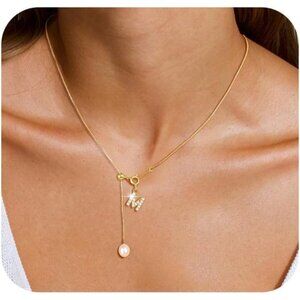 Dainty Gold Initial Necklace with Pearl Drop - Personalized A-Z Pendant Jewelry